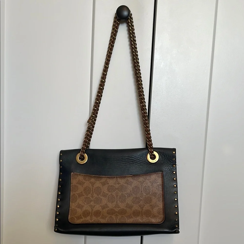 Coach 1941 Floral Turnlock Chain Crossbody Black/Brown Leather Signature Canvas - Picture 2 of 4